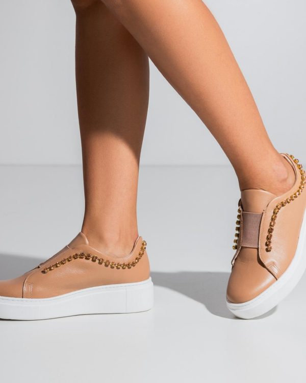 Tênis Couro Nude com Strass