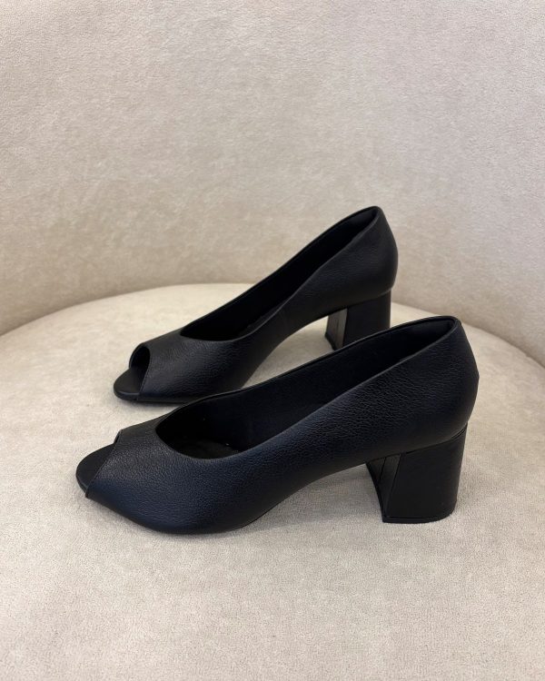 Peep Toe Salto Bloco Preto Couro