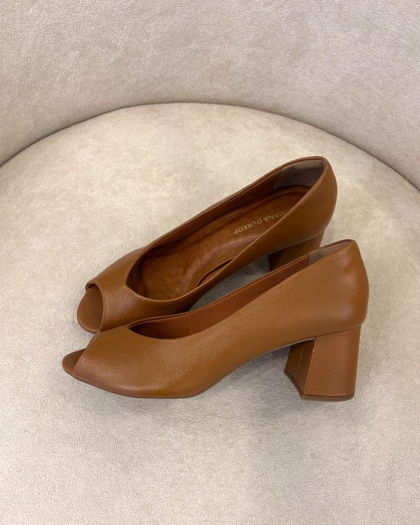 Peep Toe Salto Bloco Caramelo Couro