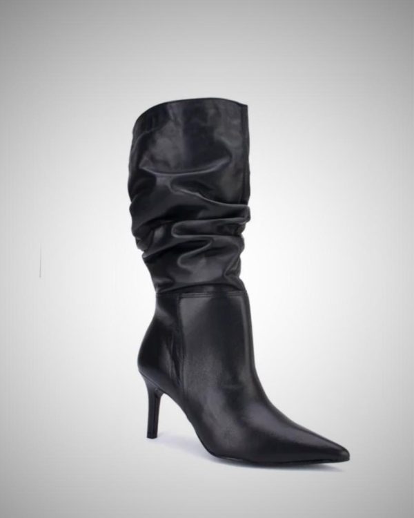 Bota Couro Slouchy Preta Salto Fino